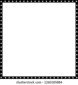 Vector black and white square border made of animal paw prints isolated on white background. Copy space template, border, framework, photo frame, poster, banner, cats or dogs paws walking track.