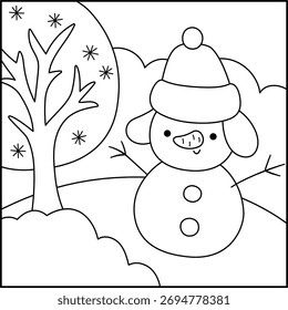 Vector black and white square Christmas village landscape. New Year line night scene with snowman, tree, snow field. Festive winter holiday background, coloring page for kids
