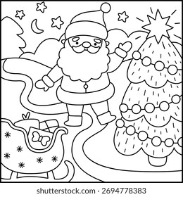Vector black and white square Christmas village landscape. New Year line night scene with Santa Claus, fir tree, sledge with presents. Winter holiday background, coloring page for kids
