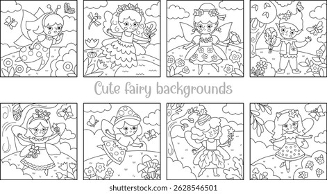 Vetor preto e branco quadrado fadas fundos definidos. Coleção de paisagens da linha Fairyland. Cenário bonito com princesa mágica com prado, flor. Ilustração da cena da natureza da fantasia, página de coloração

