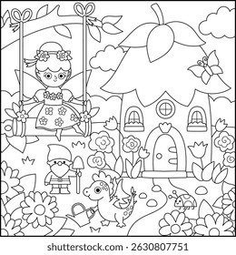 Vector black and white square fairyland background with flower fairy, garden, house. Magic land line landscape. Woodland scenery with princess. Fantasy forest scene illustration, coloring page
