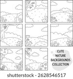 Vector black and white square nature backgrounds set. Country, farm or village line landscape collection. Cute scene with meadow, trees, sky, flowers, clouds. Forest coloring page
