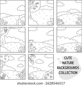 Conjunto de fondos cuadrados de naturaleza en blanco y negro Vector. colección paisajística de Country, granja o aldea. Linda escena con prado, árboles, cielo, flores, nubes. Dibujo de bosque para colorear
