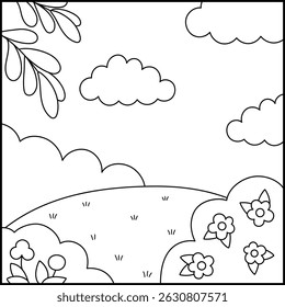 Vector black and white square nature backgrounds. Country, farm or village line landscape. Cute scenery with meadow, tree, bushes, sky, flowers. Forest or woodland scene illustration, coloring page
