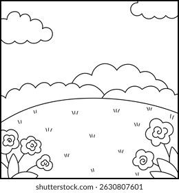 Vector black and white square nature backgrounds. Country, farm or village line landscape. Cute scenery with meadow, tree, bushes, sky, flowers. Forest or woodland scene illustration, coloring page
