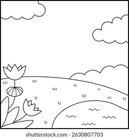 Vector black and white square nature backgrounds. Country, farm or village line landscape. Cute scenery with meadow, tree, bushes, sky, flowers. Forest or woodland scene illustration, coloring page
