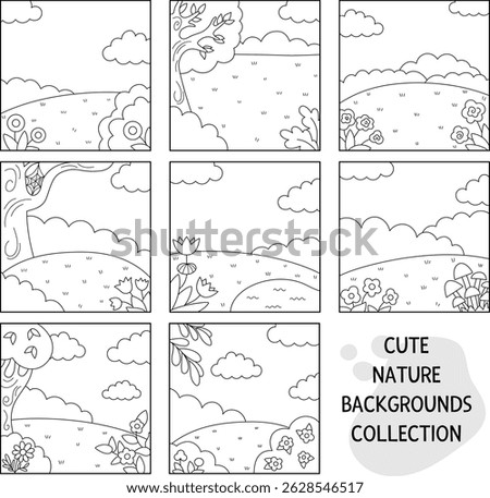 Vector black and white square nature backgrounds set. Country, farm or village line landscape collection. Cute scene with meadow, trees, sky, flowers, clouds. Forest coloring page
