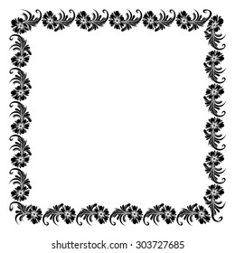 vector Black and white square pattern with flowers, corner frame with floral ornaments