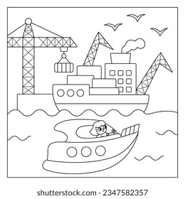 Vector black and white square scene with girl sailing on speedboat and seaport. Transportation line illustration or coloring page. Cute kid driving transport. Water vehicle landscape
