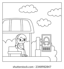 Escena cuadrada vectorial en blanco y negro con una chica sentada en una parada de autobús. Ilustración de línea de transporte o página de coloreado. Un chico lindo esperando el transporte público. Niño en una estación
