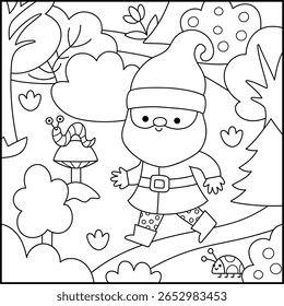 Vector black and white square scene with dwarf going through the forest. Cute gnome country landscape, coloring page. Fantasy forest line background with magic creature, ladybug 
