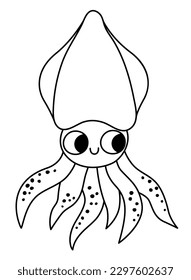 Vector black and white squid icon. Under the sea line illustration with cute funny calamari fish. Ocean animal clipart. Cartoon underwater or marine clip art or coloring page for children
