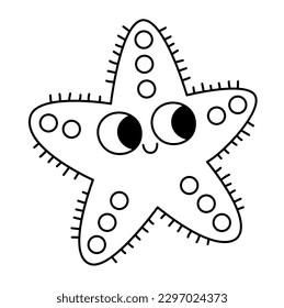 Vector black and white starfish icon. Under the sea line illustration with cute funny star fish. Ocean animal clipart. Cartoon underwater or marine clip art or coloring page for children
