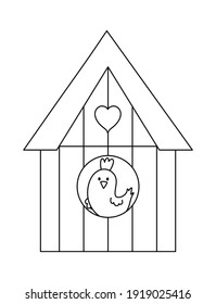 Vector black and white starling-house with bird inside, icon isolated on white background. Spring traditional outline symbol design element. Cute wooden bird house illustration for kids