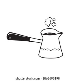 Vector black and white steaming cezve. Doodle illustration of kitchen utensil for menus, restaurants, and web
