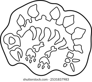 Ícone de bones do stegosaurus preto e branco do vetor. Lindos fósseis de dinossauros ilustração para crianças. Engraçado clipart de estegossauro escavado para crianças. Desenho animado pré-histórico animal colorir página
