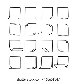 Vector black and white stick notes, collection of hand-drawn sheets of note paper with place for your text and message, isolated monochrome sticky note with curled corners, EPS 8