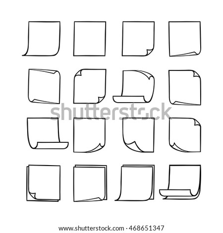 Vector black and white stick notes, collection of hand-drawn sheets of note paper with place for your text and message, isolated monochrome sticky note with curled corners, EPS 8