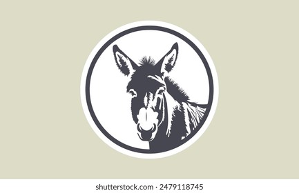 Vector black and white sticker with an eared cute donkey head in a circle. Cuddly portrait. Logo, badge, stencil or emblem.