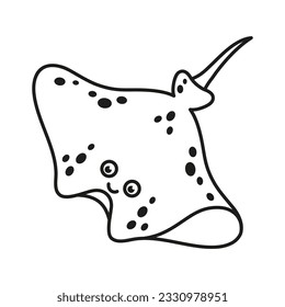 vector black and white stingray icon, under sea line illustration with cute funny ray fish, cartoon ocean animal for children