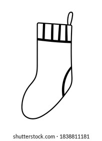 Vector black and white stocking for presents isolated on white background. Cute funny illustration of new year symbol. Christmas line icon of hanging sock.
