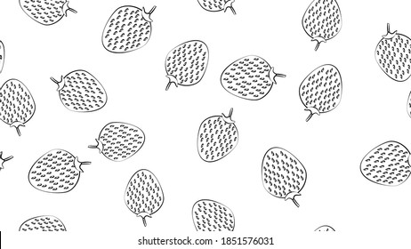Vector black and white strawberry seamless pattern background. Scattered hand drawn strawberries print is perfect for food packaging, labels, kitchen themed project.