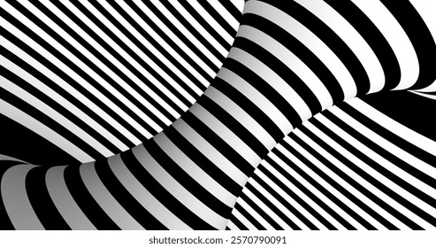 Vector black and white striped pattern that creates a 3D optical illusion with curved and distorted lines. This abstract design is perfect for modern art, visual effects or unique creative projects.