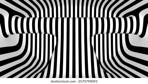 Vector black and white striped pattern that creates a 3D optical illusion with curved and distorted lines. This abstract design is perfect for modern art, visual effects or unique creative projects.