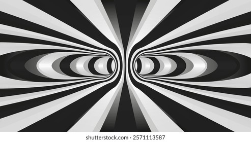 Vector black and white striped pattern that creates a 3D optical illusion with curved and distorted lines. This abstract design is perfect for modern art, visual effects or unique creative projects.