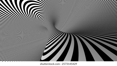 Vector black and white striped pattern that creates a 3D optical illusion with curved and distorted lines. This abstract design is perfect for modern art, visual effects or unique creative projects.