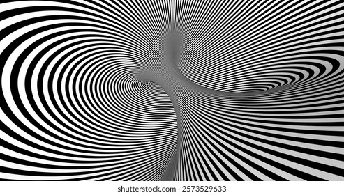 Vector black and white striped pattern that creates a 3D optical illusion with curved and distorted lines. This abstract design is perfect for modern art, visual effects or unique creative projects.