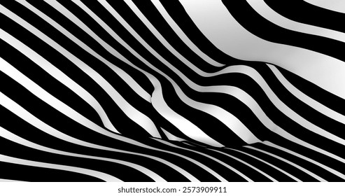 Vector black and white striped pattern that creates a 3D optical illusion with curved and distorted lines. This abstract design is perfect for modern art, visual effects or unique creative projects.