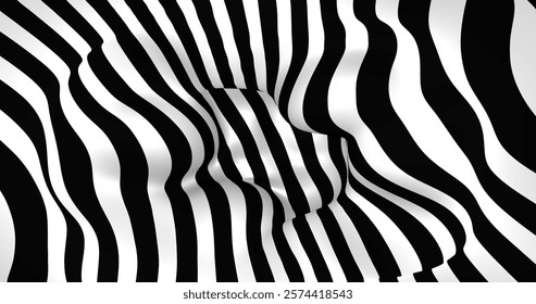 Vector black and white striped pattern that creates a 3D optical illusion with curved and distorted lines. This abstract design is perfect for modern art, visual effects or unique creative projects.