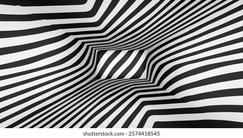 Vector black and white striped pattern that creates a 3D optical illusion with curved and distorted lines. This abstract design is perfect for modern art, visual effects or unique creative projects.