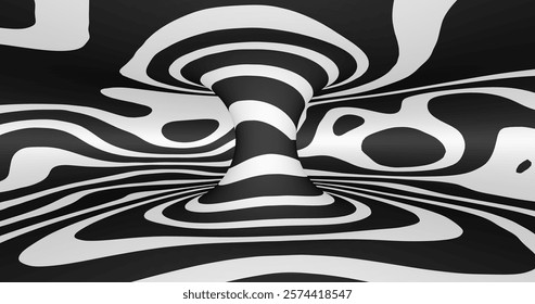 Vector black and white striped pattern that creates a 3D optical illusion with curved and distorted lines. This abstract design is perfect for modern art, visual effects or unique creative projects.