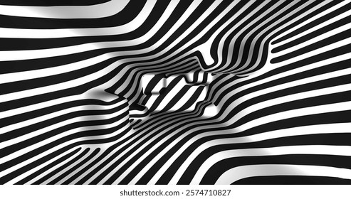 Vector black and white striped pattern that creates a 3D optical illusion with curved and distorted lines. This abstract design is perfect for modern art, visual effects or unique creative projects.