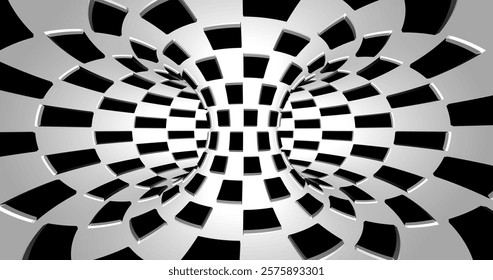 Vector black and white striped pattern that creates a 3D optical illusion with curved and distorted lines. This abstract design is perfect for modern art, visual effects or unique creative projects.