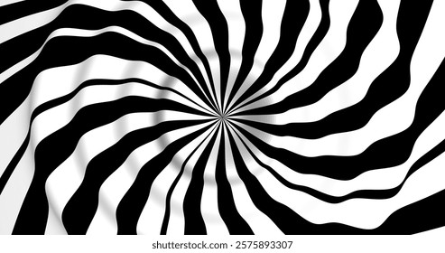 Vector black and white striped pattern that creates a 3D optical illusion with curved and distorted lines. This abstract design is perfect for modern art, visual effects or unique creative projects.