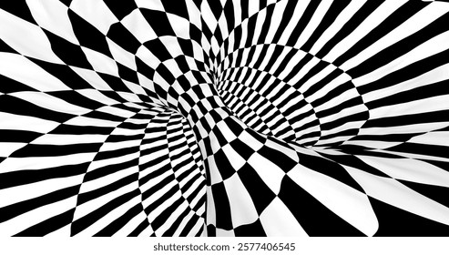 Vector black and white striped pattern that creates a 3D optical illusion with curved and distorted lines. This abstract design is perfect for modern art, visual effects or unique creative projects.