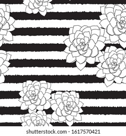 Vector black and white succulent flower striped background seamless pattern print