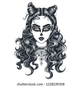 Vector Black and White Sugar Skull Girl Illustration