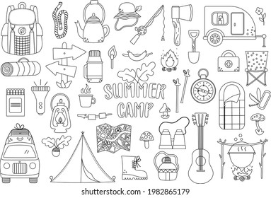 Vector black and white summer camp set. Camping, hiking, fishing equipment collection. Outdoor nature tourism outline icons pack with backpack, van, rod, clothes, fire place, sleeping bag. 
