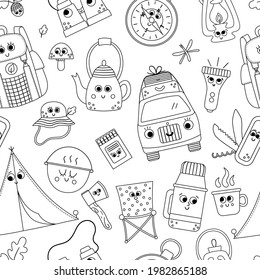 Vector black and white summer camp seamless pattern with cute kawaii stickers. Camping, hiking, fishing equipment repeat background. Outdoor nature tourism line digital paper. 
