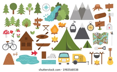 Vector black and white summer camp set. Forest, woodland, nature elements collection. Outdoor active tourism and sport outline icons pack with trees, waterfall, boats, bike, campfire, tent, mountains