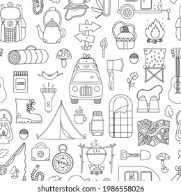 Campo de verano blanco y negro vectorial sin fisuras. Camping, senderismo, pesca repiten los antecedentes. Papel digital de la línea de turismo natural al aire libre con mochila, camioneta, vara, ropa, chimenea. 
