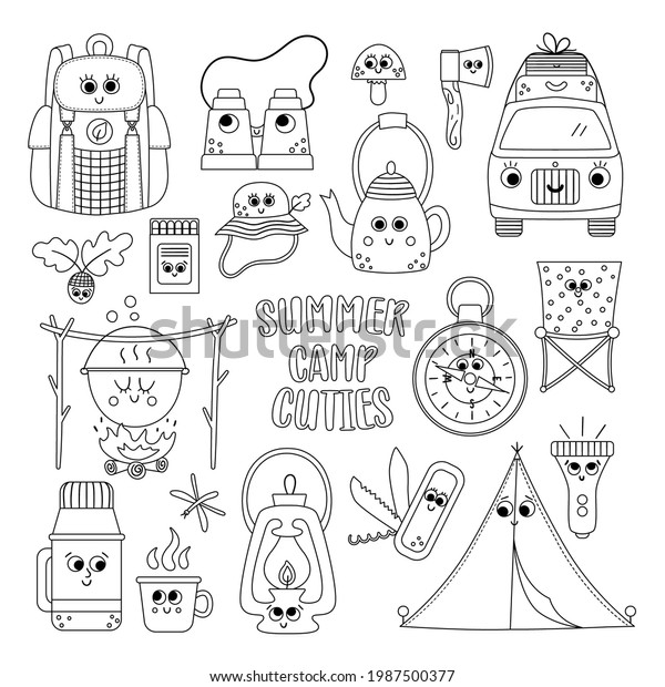 Vector black and white\
summer camp kawaii elements set. Camping, hiking, fishing equipment\
collection. Outdoor nature tourism outline icons pack with\
backpack, van, tent