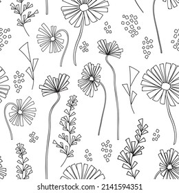 vector black and white summer day flowers seamless pattern background
