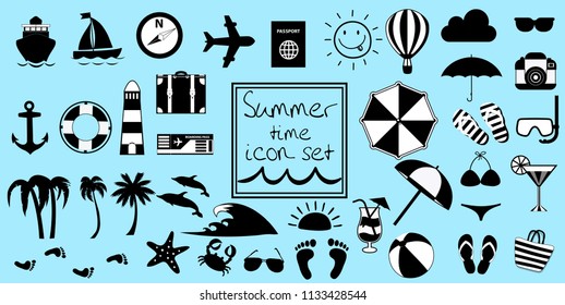 Vector black and white summer travel or vacation beach big icon set isolated on blue background. Monochrome clip art icons for design. Simple silhouette illustrations for web graphic.