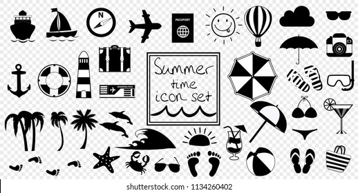 Vector black and white summer travel or vacation beach big icon set isolated on transparent background. Monochrome clip art icons for design. Simple silhouette illustrations for web graphic.