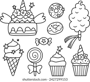 Vector black and white sweets set. Cute line cake, ice cream, lollypop, cotton candy, donut, cupcake with unicorn horn, stars, wings, rainbow. Magic fairytale line desserts, coloring page collection
